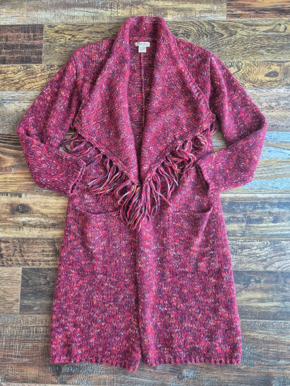 NWoT Lucky Brand Wool Blend Long Duster Drapped Cardigan Fringed Pocket Red